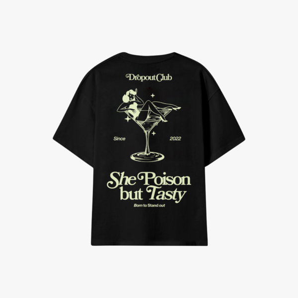 Mockup of the back of the Tasty Poison Black T-shirt by Dropout