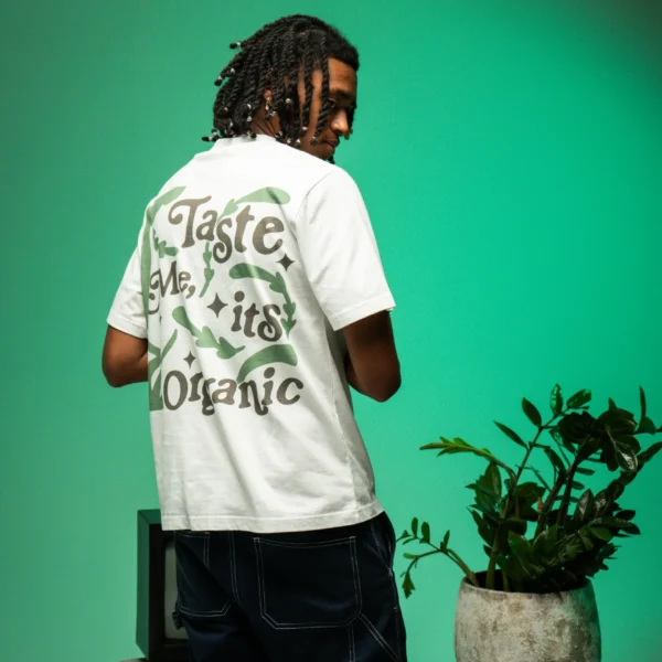 Flacko wearing Dropout's Organic Taste White T-shirt with his back turned